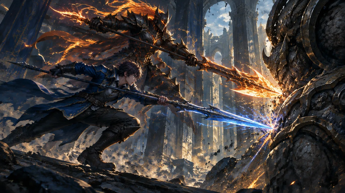 Cael menerjang dengan tombak bercahaya biru, dan Pyrrhane di belakangnya mengayun glaive berapi ke arah yang sama.