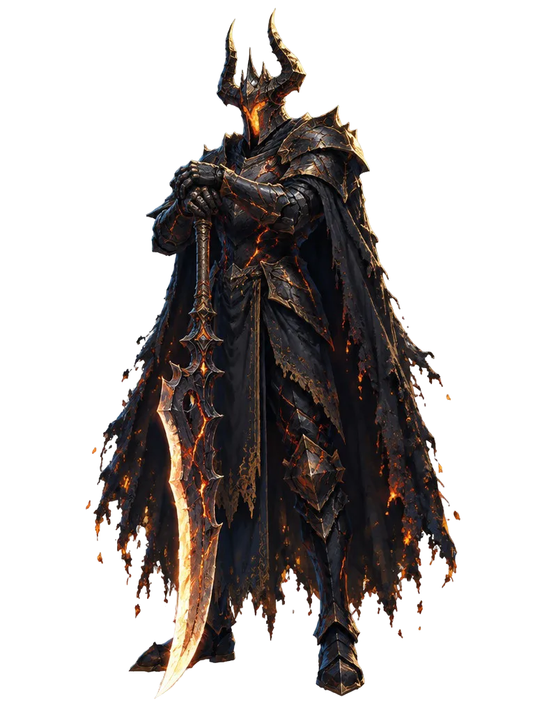 Pyrrhane, Eidolon api: ksatria berzirah hitam hangus dengan retakan bara, helm bertanduk tanpa wajah, kedua tangan bertumpu pada glaive berbilah pijar.
