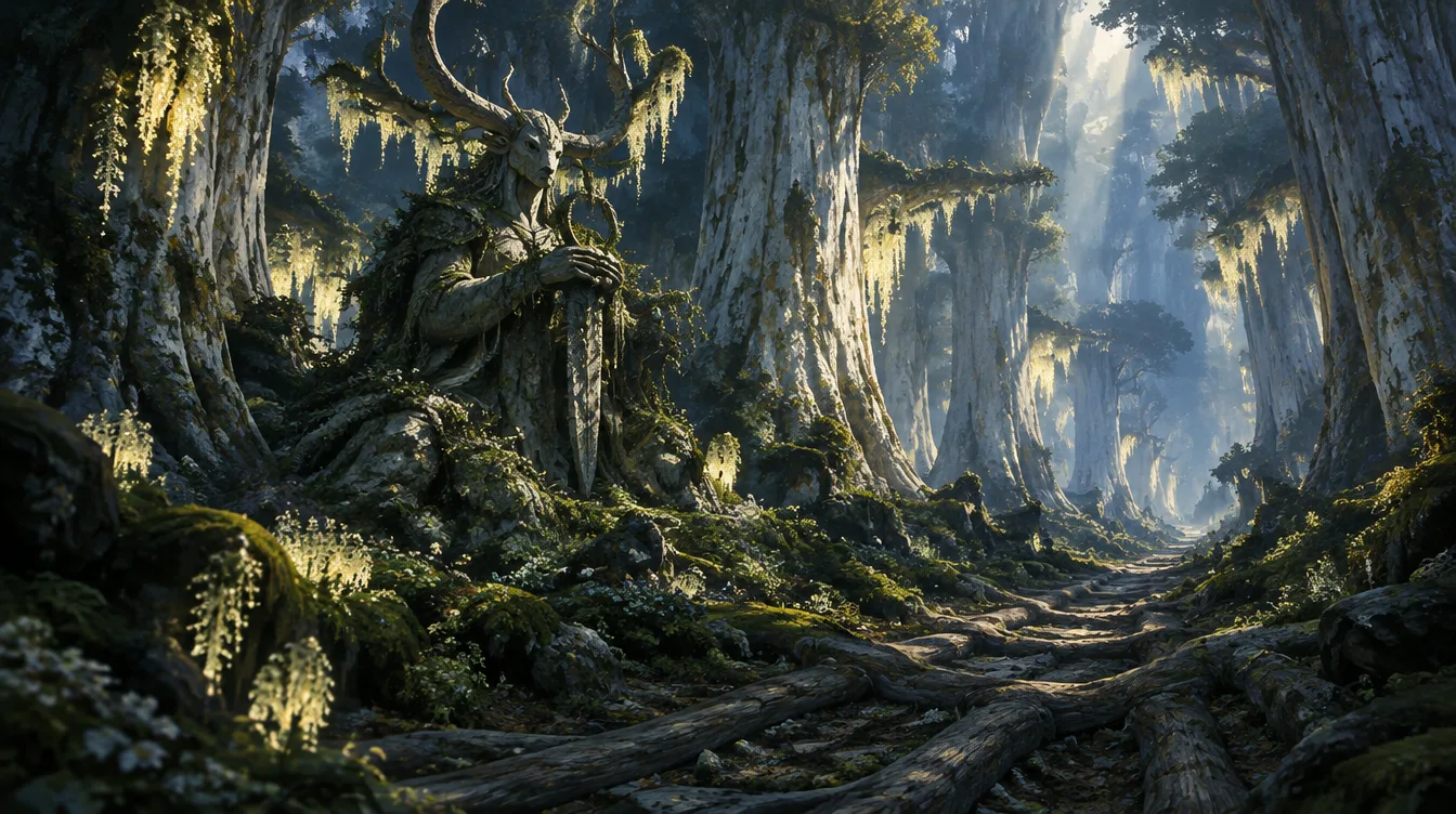 Sylvarre: hutan pohon raksasa berkulit pucat, lumut berpendar menggantung, jalan dari akar, dan patung bertanduk yang ditumbuhi lumut.