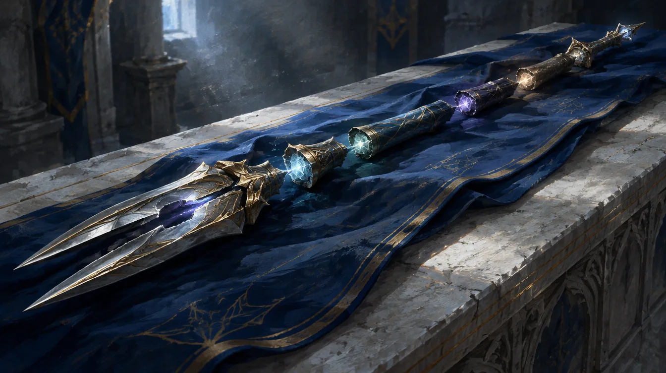 Lance of Accord tergeletak patah menjadi enam pecahan di atas kain biru di altar batu, tiap pecahan berpendar samar.